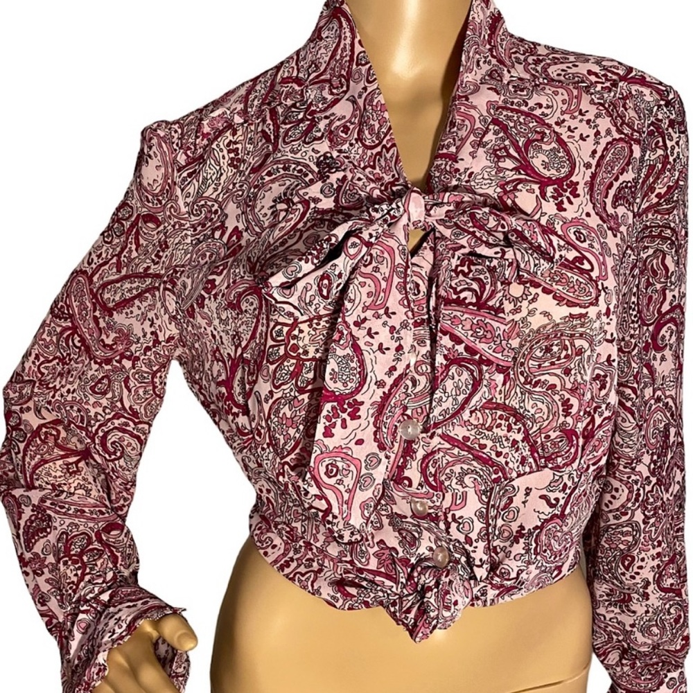 VINTAGE DANA GIBSON SHIMMERY PAISLEY FLORAL RUFFLE SLEEVE PUSSY BOW BLOUSE  SZ M